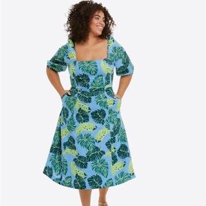 Draper James Blue and Green Leaf Print Midi Dress